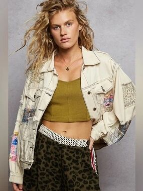 POL Cream Patchwork Jean Jacket with Mixed Panel Details. Size Large